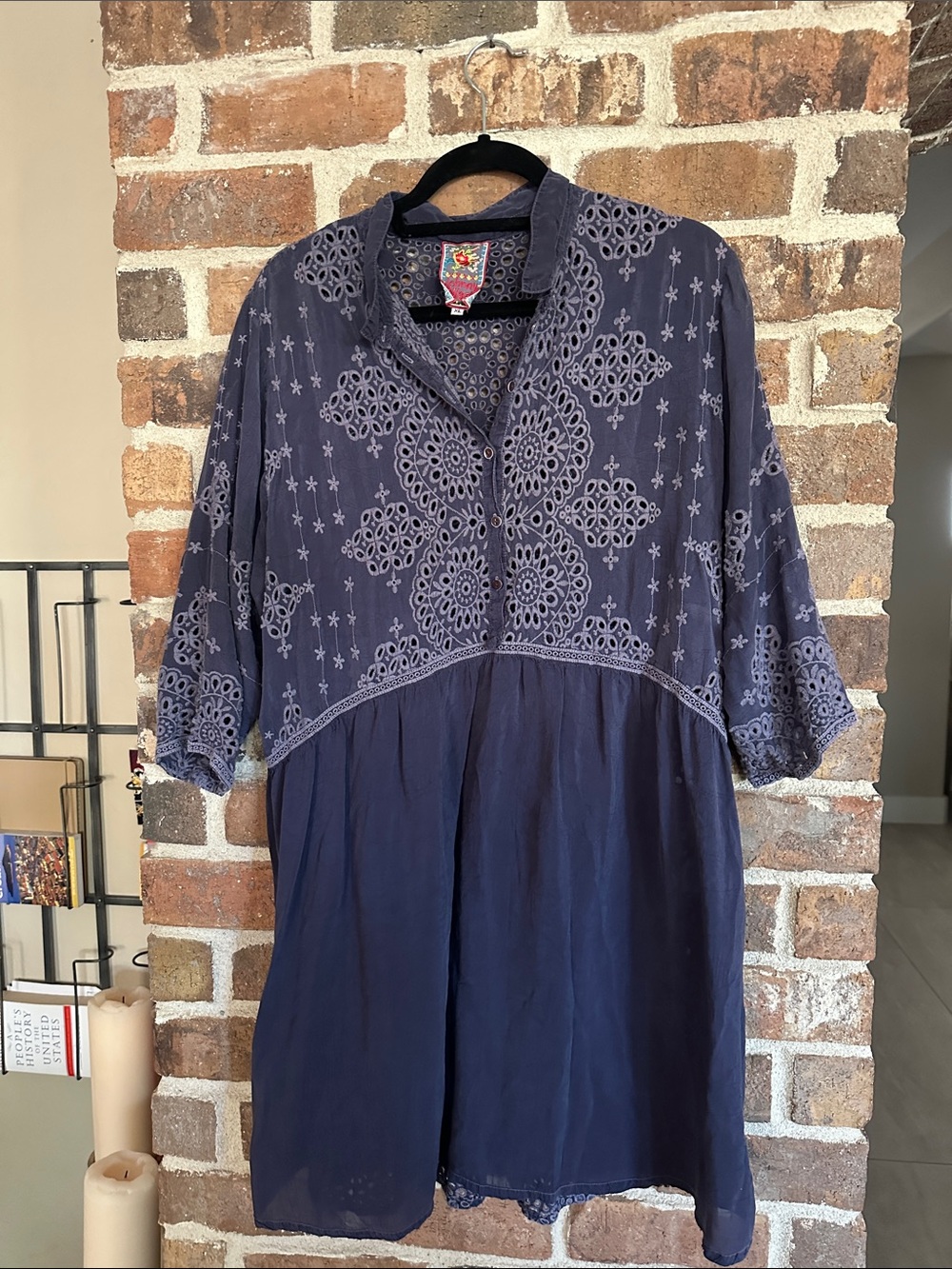 154 Johnny Was Indigo Purple Blue Embroidered Tunic with Lace Yoke XL